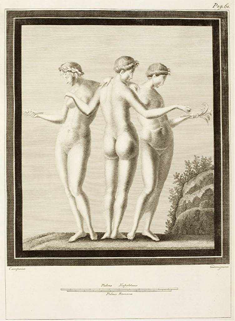 VI.17.31 or 36 Pompeii? Found on 12 July 1760 below the Irace property. Painting of the three graces.
See Antichità di Ercolano: Tomo Terzo, 1762, p. 57-61, pl. 11. (28th July 1760)
PAH 1, 1, 113 said -
6. de 25 on. por 22 on. - representa tres mugeres desnudas, la del medio tiene abrazadas las otras dos, y las de los lados tienen abrazado la del medio, y con la otra mano una palma, y es en campo azul claro, y todo es en campo rojo. 
approx. 0.55 x 0.48m - represents three nude women, the central woman has embraced the other two, and the two at the sides have embraced the woman in the middle, and with their other hand hold a palm, and it is in light blue, and set in a red field.