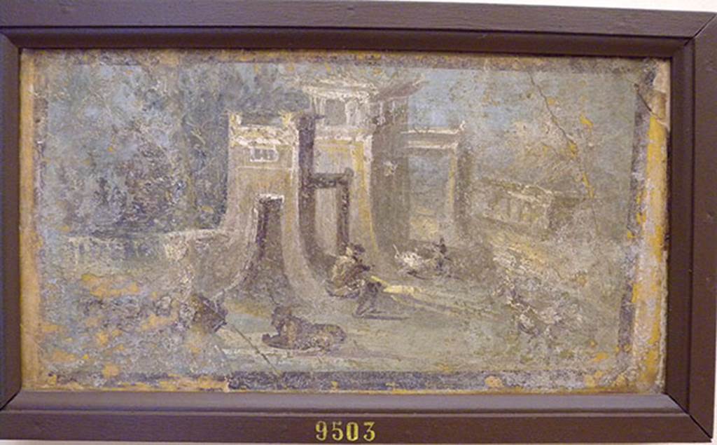 Irace property Pompeii. Egyptian landscape.
Now in Naples Archaeological Museum. Inventory number 9503.
According to Pagano & Prisciandaro, found 12/7/1760, with other paintings. 
See Pagano, M. and Prisciandaro, R., 2006. Studio sulle provenienze degli oggetti rinvenuti negli scavi borbonici del regno di Napoli.  Naples: Nicola Longobardi. (p.34-5)
(Probably from under the Irace property as it was listed with the others from there, but the excavations could have been carried out in more than one location under the Irace property, at the same time).