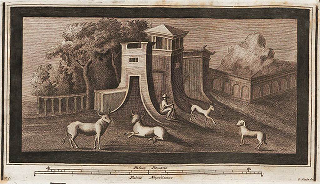 Irace property Pompeii. Landscape with man tending four animals
See Antichità di Ercolano: Tomo Setto: Le Pitture 5, 1779, tav. 2, p. 7.
PAH 1. 1. 113 said:
3. de 19 on y ½ pr 11 on. - che representa otro paysote y una pequena figura de hombre bestido y sentado, que pareze mirar quatro animales;
approx. 0.43 x 0.24m - which represents another landscape with the small figure of a dressed and seated man, who watches over four animals.