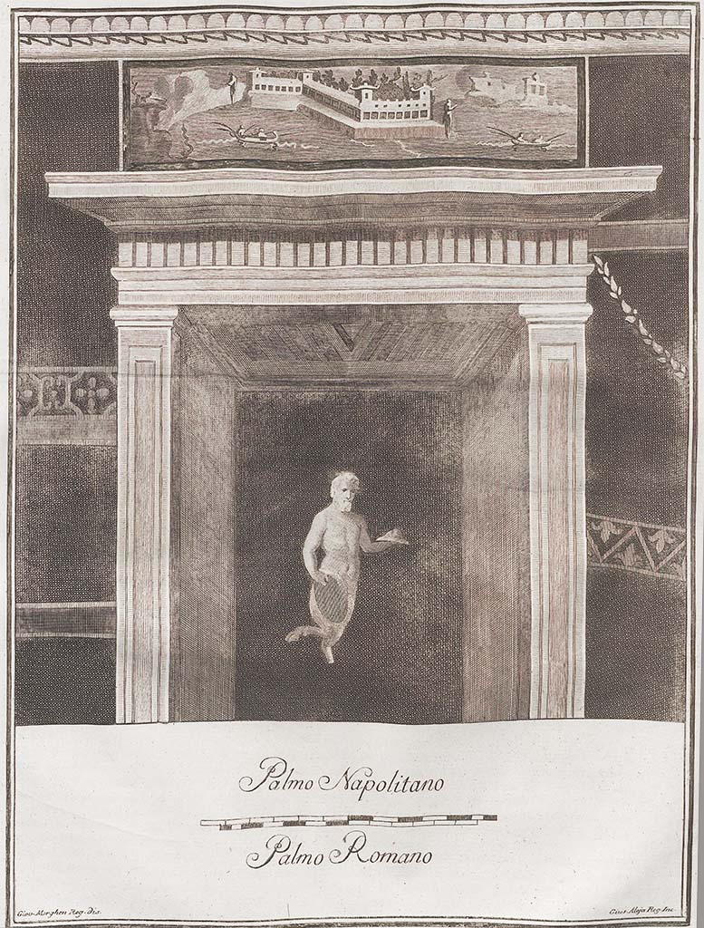 Irace property, Pompeii. Pre-1779.
Part of a painting described above, as a Satyr inside a doorway with landscape above.
See Antichità di Ercolano: Tomo Setto: Le Pitture 5, 1779, (Tav. LXXII, p. 323)