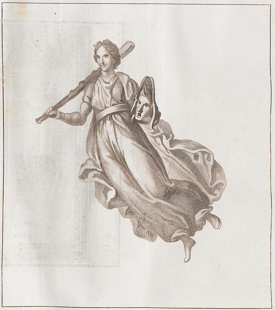 Irace property, Pompeii. Pre-1779.
Painting showing a flying/floating figure carrying a tragic mask. 
According to AdE, described as –
A woman on a white background, carrying a club and a tragic mask, with a light blue mantle, with tunic which reached to the wrists, iridescent between red and blue, and also with blue shoes. It might show the Muse Melpomene.
See Antichità di Ercolano: Tomo Setto: Le Pitture 5, 1779, (Tav. XX, p. 93).