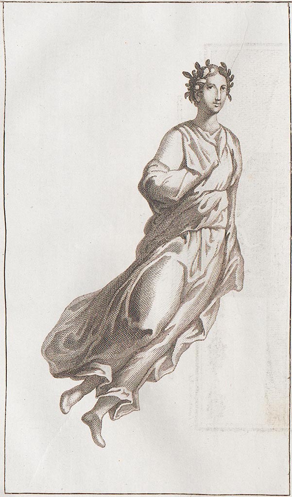 Irace property, Pompeii. Pre-1779. Painting of another flying/floating figure.
According to AdE, described as – 
In the other companion painting crowned only with laurel, wearing a tunic mainly of yellow but with the inside at the neck in a purple/blue colour, and with green shoes: it might show the Muse Polyhymnia
See Antichità di Ercolano: Tomo Setto: Le Pitture 5, 1779, (Tav. XX, p. 93).
