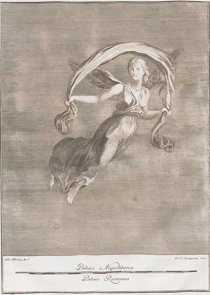 Podere di Irace. Pre-1779. Painting of another flying/floating figure.
According to AdE, described as – 
A winged woman, which can be seen in this painting with a yellow background, with blonde loose hair; the pink wings fading to white; the tunic of iridescent colour between light red and green; and the cloth which made an arch on the head was a peacock blue colour.
See Antichità di Ercolano: Tomo Setto: Le Pitture 5, 1779, (15, p.71).