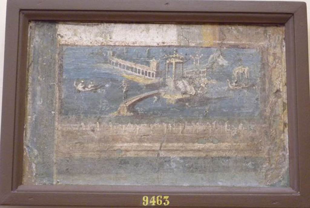 VI.17.25? Pompeii  Found on 29th September 1764 along with 14 other pictures in the Masseria di Don Giacomo Irace.
Wall painting of boats and fishermen and buildings.
Now in Naples Archaeological Museum. Inventory number 9463.
See Pagano, M. and Prisciandaro, R., 2006. Studio sulle provenienze degli oggetti rinvenuti negli scavi borbonici del regno di Napoli. Naples : Nicola Longobardi.  (p.48-9).
(Pagano & Prisciandaro list this as from VI.17.25?, but was this under the Irace property?)