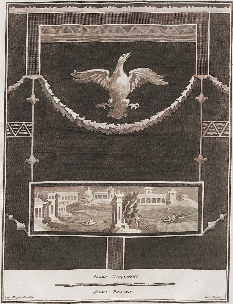 Podere di Irace. Pre-1779. Painting, according to AdE described as – 
The background of this painting was dark red; the Eagle, the garland, and all the architecture
was yellow; the landscape with sea view, boats and fishermen was natural. 
See Antichità di Ercolano: Tomo Setto: Le Pitture 5, 1779, (Tav. LXXVII, p. 345).