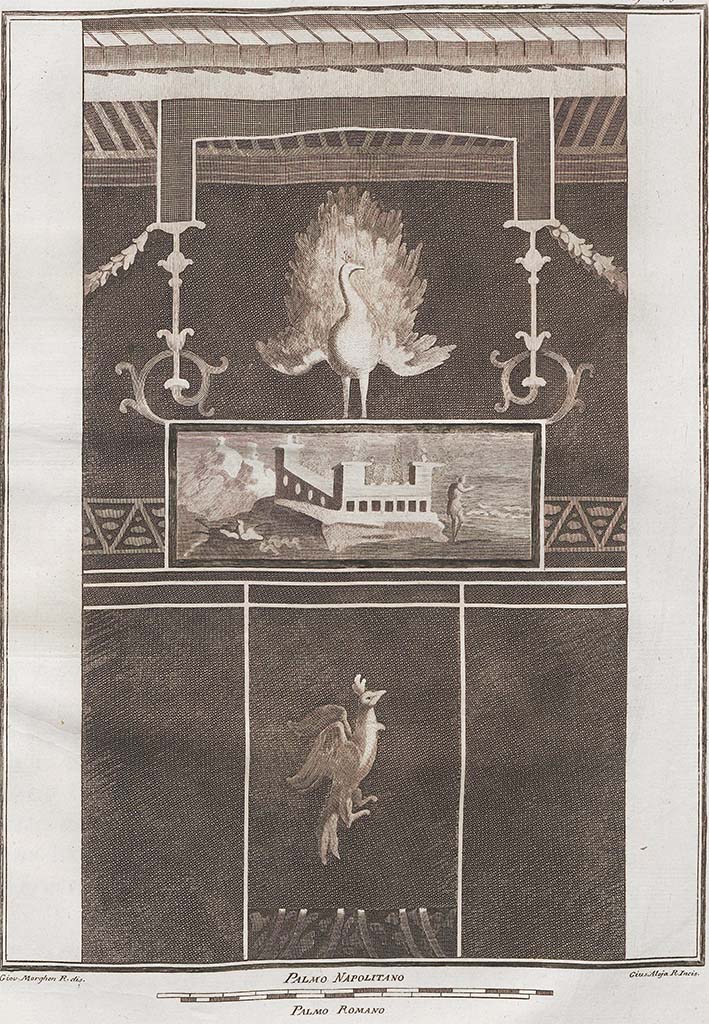 Podere di Irace. Pre-1779. Painting, according to Ade described as – 
The background of this painting was also red: the architecture above was yellow, and likewise the garlands were yellow, and all the ornaments.  The lines were all white: the landscape was painted natural: the peacock was white; the other bird was a yellow colour.
See Antichità di Ercolano: Tomo Setto: Le Pitture 5, 1779, (78, 349).