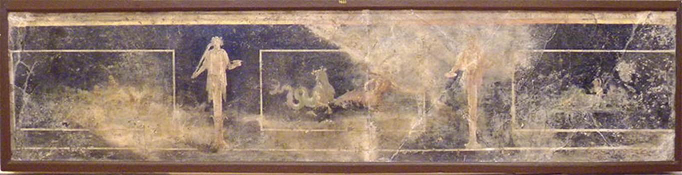 VI.17.25 Pompeii?  Zoccolo painting found on 3rd November 1764.
Now in Naples Archaeological Museum. Inventory number 9688.
(Pagano & Prisciandaro list this as from VI.17.25, but was this under the Irace property?)
See Pagano, M. and Prisciandaro, R., 2006. Studio sulle provenienze degli oggetti rinvenuti negli scavi borbonici del regno di Napoli. Naples: Nicola Longobardi, p. 50. 
According to CulturaItalia, this is marine scene on a black plinth with three white bordered interior frames.
The central frame has a marine bull and a centaur with a lobster body. 
The side frames have scenes with pygmies that are barely legible. 
Between the frames there are two herms with satyrs with crowns of foliage and wearing short tunics. 
The left satyr has a cup in his left hand and a stick placed on the right shoulder. 
The right satyr has a patera in his right hand and a stick resting in his left shoulder.
See CulturaItalia - Mostri Marini