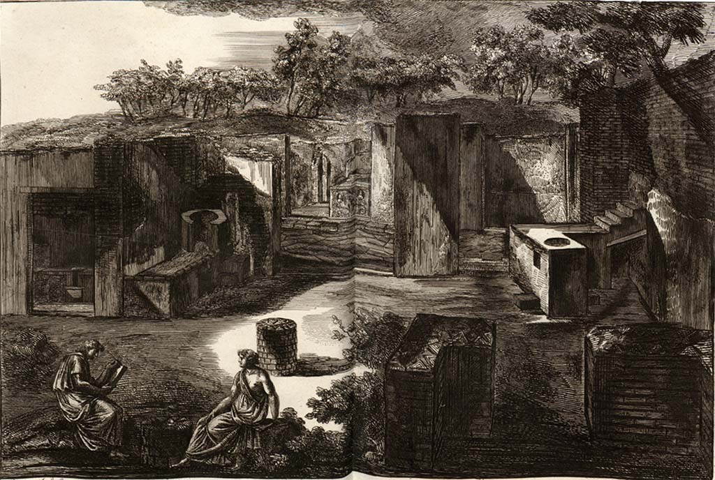 VI.17.1 Pompeii, on left, and VI.17.2, on right. Pre-1804.
Drawing by Piranesi, looking east towards doorway to Via Consolare, on the left is the latrine, and hearth.
On the right is the bar room of VI.17.2, which has now been separated by a “modern” wall, on the south side of entrance to VI.17.1.
See Piranesi, F, 1804. Antiquités de la Grande Grèce : Tome I. Paris: Piranesi and Le Blanc. Vol. I, pl. XXXI.