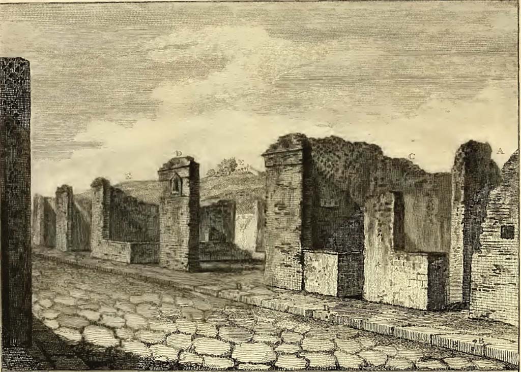 VI.17.6 to VI.17.1, Pompeii. Looking south along west side (right) of Via Consolare from near Herculaneum Gate.
See Hamilton, Sir William. (1777). Account of the discoveries at Pompeii. (plate VIII).