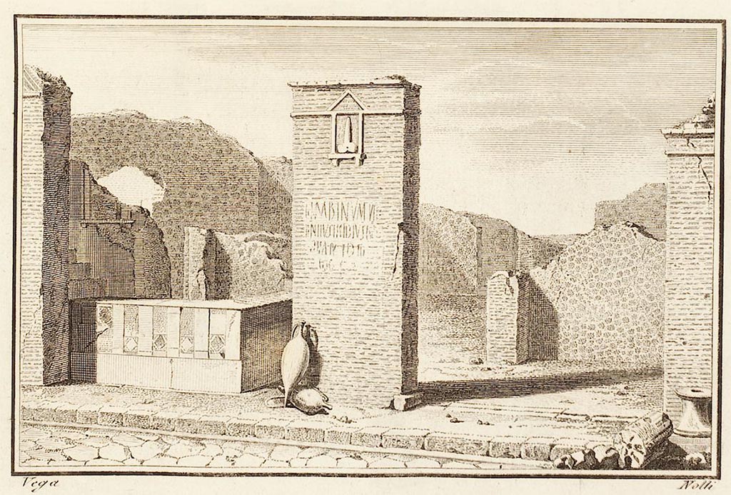 VI.17.4/3 Pompeii. 1771 drawing of entrances and plaque with electoral slogan underneath. 
In AdE the location is described as near the gate and along the ancient road of this city.
See Antichità di Ercolano: Tomo Sesto: Bronzi 2 – Statue, 1771, vignette, p. 393.