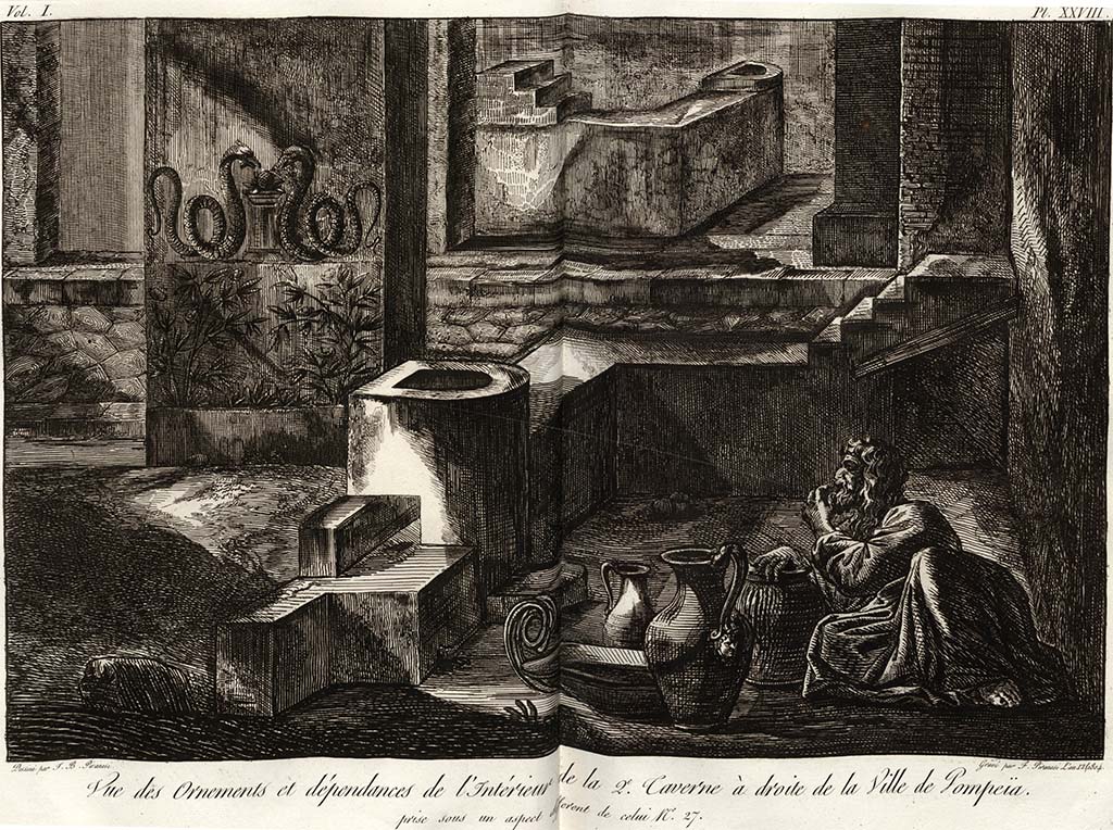 VI.17.4 Pompeii. Pre-1778 drawing by J. B. Piranesi, engraved by F. Piranesi, published 1804. 
Looking east across rear of counter in bar room towards Via Consolare, and VI.1.5 on opposite side of road.
See Piranesi, F, 1804. Antiquités de la Grande Grèce : Tome I. Paris : Piranesi and Le Blanc. Vol. I, pl. XXVIII.