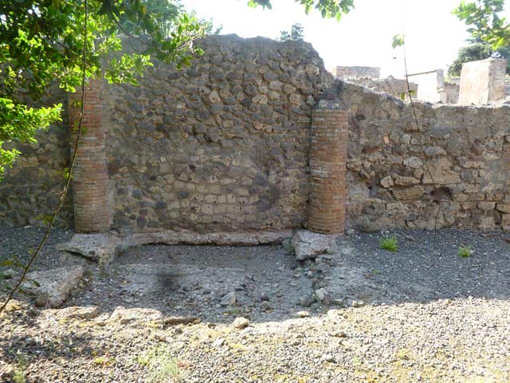 VI.17.5 Pompeii. May 2011. Looking north to impluvium, built against north wall of atrium. 
Two semi-columns are seen against the north wall, there would have been another two full columns on both (near) corners of the impluvium. The columns would have been painted white, with the lower third painted red.