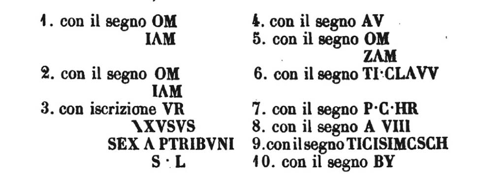 VI.17.7 Pompeii. According to Fiorelli, 2nd February 1771 –
We continued the excavation in the same dwelling and have emptied four rooms. 
Opposite to the same dwelling we have discovered an entire room, that I am given to believe was a shop, where we have found 32 amphorae mainly broken. 
10 of them have been sent to the Royal Museum, on each of which there was a sign in red and black letters.
See Fiorelli G., 1860. Pompeianarum antiquitatum historia, Vol. 1: 1748 - 1818, Naples, (Vol.1, part I, p. 249).