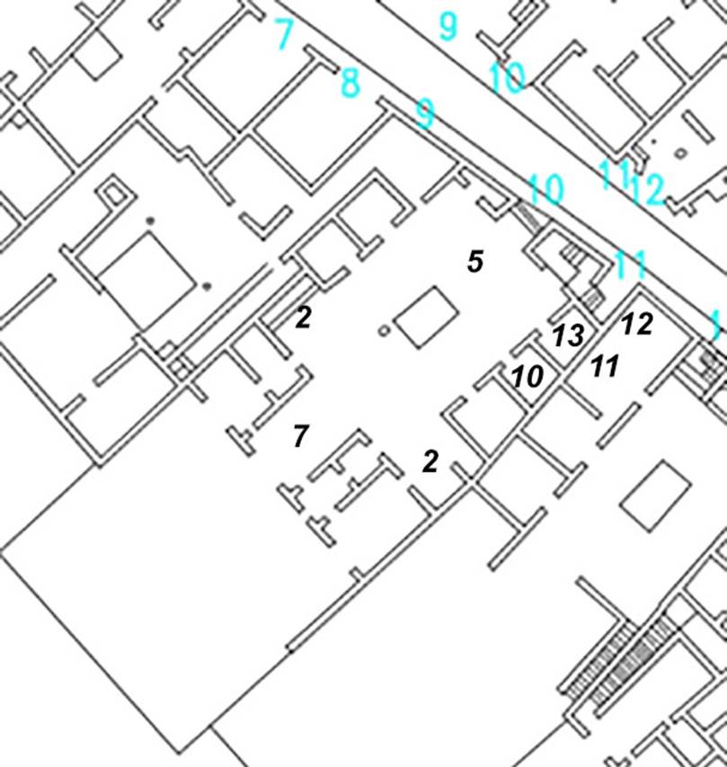 VI.17.10 Pompeii. Plan showing the room numbers of La Vega as identified by Allroggen –Bedel.
Base plan courtesy of Dobbins, J. J. and Foss, P. W., 2008. The World of Pompeii. Oxford: Routledge, CDRom.