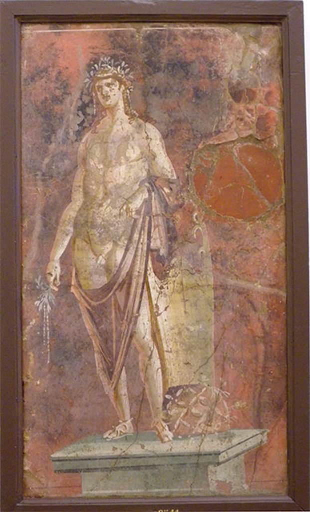 VI.17.9-10 Pompeii. Found 28 October 1763. Apollo.
Now in Naples Archaeological Museum. Inventory number 9541.
PAH, 1,1, “Found in the city, in the week that ended 29th October 1763, up to ten pieces of ancient paintings, and lately more at the end of last week, showing Diana the Huntress and Apollo, and others; having been to see them all, sig. Paderni ordered that only two of the first ten paintings be cut, and the other eight being useless, should be thrown into the ground.”