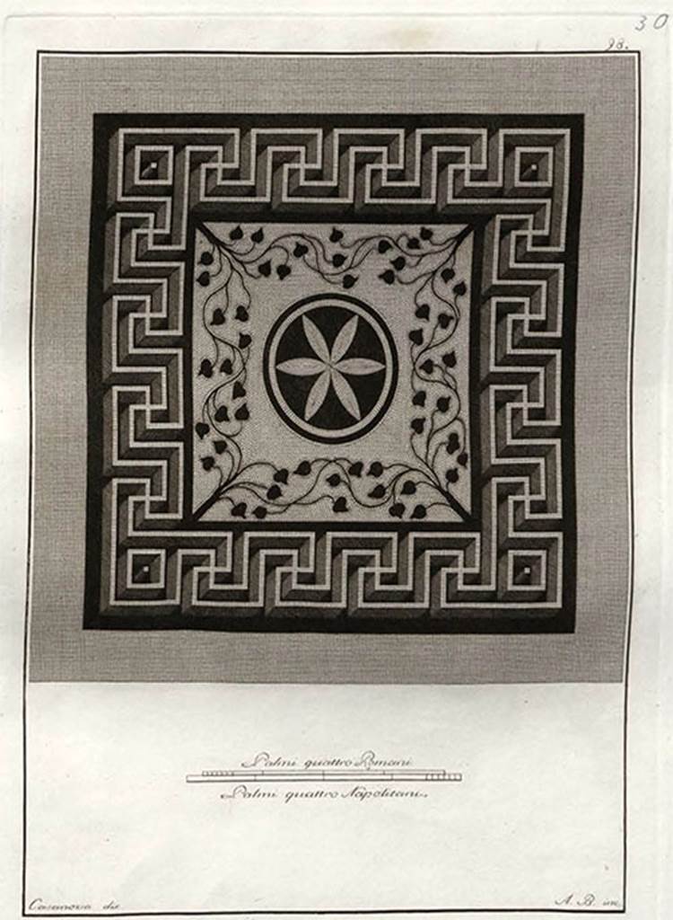 VI.17.9-10 Pompeii. c.1795 copy of the mosaic floor “from room no 3”.
See Gli ornati delle pareti ed i pavimenti delle stanze dell'antica Pompei incisi in rame: 1838, p. 7 and mosaic tav. 30.
It is also in Gli Ornati, 1795, Vol. 1, Tav. 44. See on Pompei La Fortuna Visiva (Allroggen-Bedel gives the reference as Ornati I Taf. 46.)
Now in Naples Archaeological Museum. According to Allroggen-Bedel it is installed in the museum floor. 
See Allroggen-Bedel - Die malereien aus dem Haus Insula Occidentalis 10, (p.147-8) In Cronache Pompeiane, II, 1976, p. 149 and note 11.
Mosaic identified by Alcubierre to Tanucci, 29th october 1763 –
En la misma estancia de las referidas Pinturas se ha descubierto otro pavimento de Moysayco de 8 pal. por 7 pal., y 5 on. el qual forma un Circulo en el medio con seys flores, blanco y negro, 
y al contorno una faja de ramos, y otras flores Negras, en Campo blanco: 
Y otra faja al extremo y Contorno del dicho Moysayco bien labrada con los colores Negro, Amarillo, colorado, y verde: 
Cuyo pavimento se devera cortar tambien.
(translation: In the same room as the aforementioned paintings another mosaic pavement has been discovered of size 2.11m by 1.96m which has a circle in the middle with six petals, white and black, 
around the edges is a girdle of branches and other black flowers, on a white background: 
Another band is on the outer edge of the said mosaic, well crafted with black, yellow, red and green: 
This pavement is likely to be cut also.)
See Allroggen-Bedel - Die malereien aus dem Haus Insula Occidentalis 10, (p.147-8) In Cronache Pompeiane, II, 1976, p. 148.