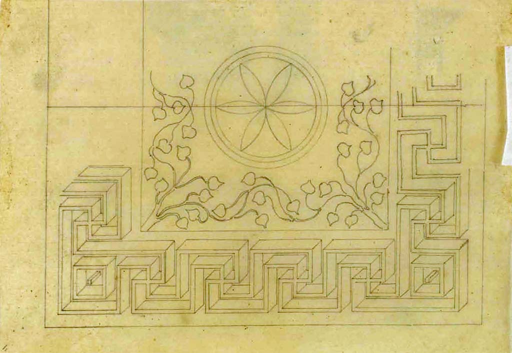 VI.17.9-10 Pompeii. Sketch of mosaic floor with meander pattern, foliage and geometric centre.
See Debret F. (1777-1850), Piranesi F. (1758-1810), LaBrouste H. (1801-1875). Voyage en Italie-De Naples à Paestum, pl. 114.
INHA Identifiant numérique : NUM PC 77832 (07). See book on INHA Les documents sont placés sous « Licence Ouverte / Open Licence » Etalab