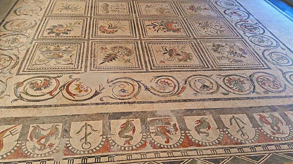 VI 17.10 Pompeii ?. July 2019. 
Detail of mosaic flooring. On display in Naples Archaeological Museum. Photo courtesy of Giuseppe Ciaramella