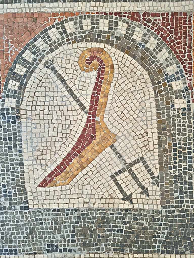 VI 17.10 Pompeii ? or Villa of Diomedes ?. June 2024.  
Detail from mosaic of “doors”, showing trident. Photo courtesy of Giuseppe Ciaramella. 
On display in Naples Archaeological Museum, Room CXXXIV.