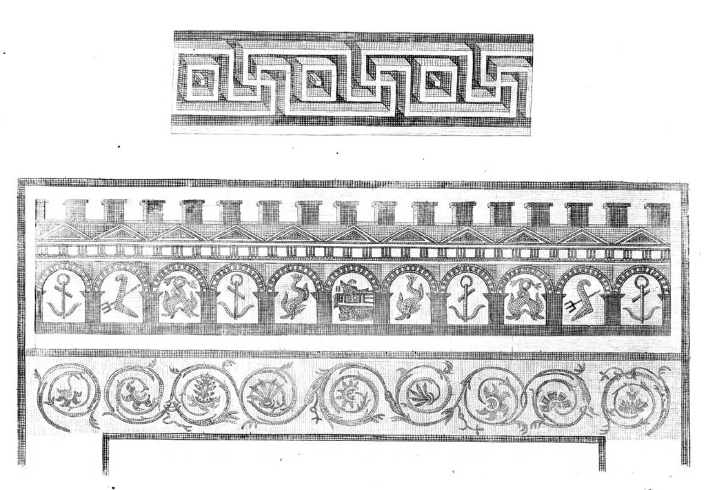 VI 17.10 Pompeii. Drawing of mosaic border/edge of floor, from Pompeii, may be from this house, or from Villa of Diomedes.  
See Abbate, G., 1859. Raccolta de' più belli ed interessanti dipinti, musaici ed altri monumenti rinvenuti negli scavi di Ercolano, di Pompei e di Stabia, che ammiransi nel Museo reale borbonico, Tav. 97.