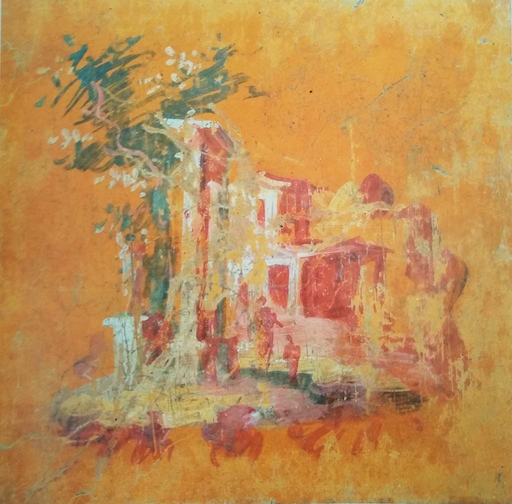 VI.17.9-10 Pompeii. Sacred Landscape, fresco 30cm x 30cm.
Now in Naples Archaeological Museum. Inventory number 9512.
According to Ciardiello – “This sacred landscape depicted a sacred door in the middle, a sacred tree, and a statue of a cylindrical base. 
On the right are two sacred buildings. The landscape with a donkey and a Priapus (NAP 9476) came from the same wall.”
See Grimaldi, M. (ed). 2021. The Painters of Pompeii. MondoMostre, Rome, (p.157, no.73).
According to Allroggen-Bedel, this painting was found in room 11 on the La Vega’s plan.
She wrote that - “in room 11, a total of 6 pictures were cut. 
5 of them can be identified with those in the Naples Museum, the first 2 paintings are on a yellow background and numbered 9476 and 9512.
The two vistas, 9476 and 9512, probably come (like their counterparts which were not cut) from the side panels.”
See Allroggen-Bedel A., Die malereien aus dem Haus Insula Occidentalis 10, (p.177-8). in Cronache Pompeiane II, 1976 (p.144-183).