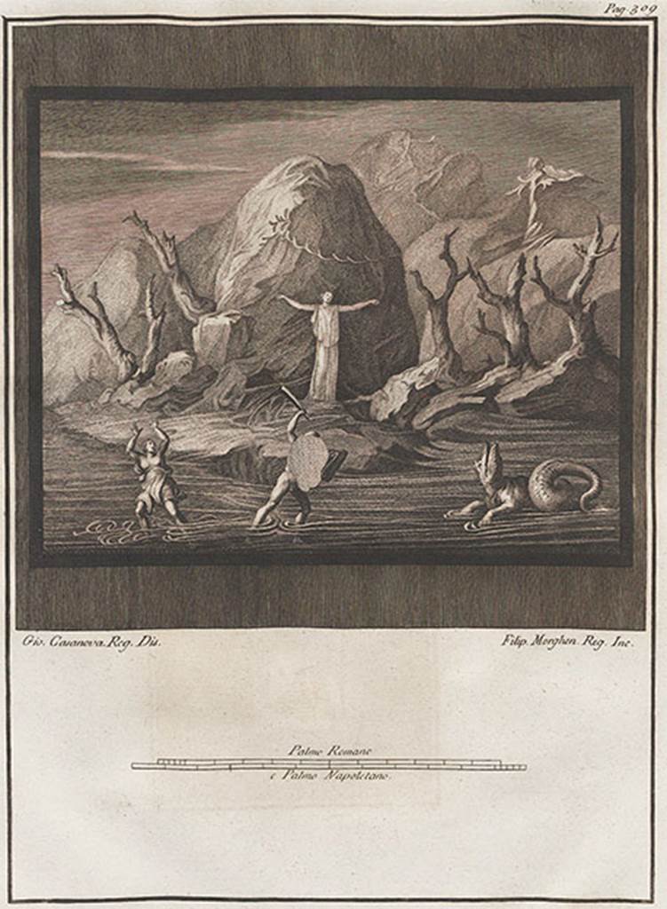 VI.17.9-10 Pompeii. 1765 drawing of painting of Andromeda on a rock being rescued by Perseus. 
See Le Pitture Antiche d’Ercolano, Tome IV, Naples, 1765, pl.61, p.307-9.