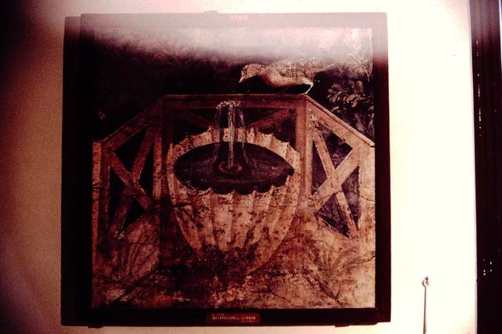 VI.17.9-11 Pompeii. 1964. Painting of bird standing on balustrade ready to drink from fountain. Photo by Stanley A. Jashemski.
Source: The Wilhelmina and Stanley A. Jashemski archive in the University of Maryland Library, Special Collections (See collection page) and made available under the Creative Commons Attribution-Non Commercial License v.4. See Licence and use details. J64f1048
Now in Naples Archaeological Museum, inventory number 9705. According to Pagano and Prisciandaro, this may have been found in the same room as other paintings on 30th June 1764. 
See Pagano, M. and Prisciandaro, R., 2006. Studio sulle provenienze degli oggetti rinvenuti negli scavi borbonici del regno di Napoli.  Naples: Nicola Longobardi.  (p.46-7)
