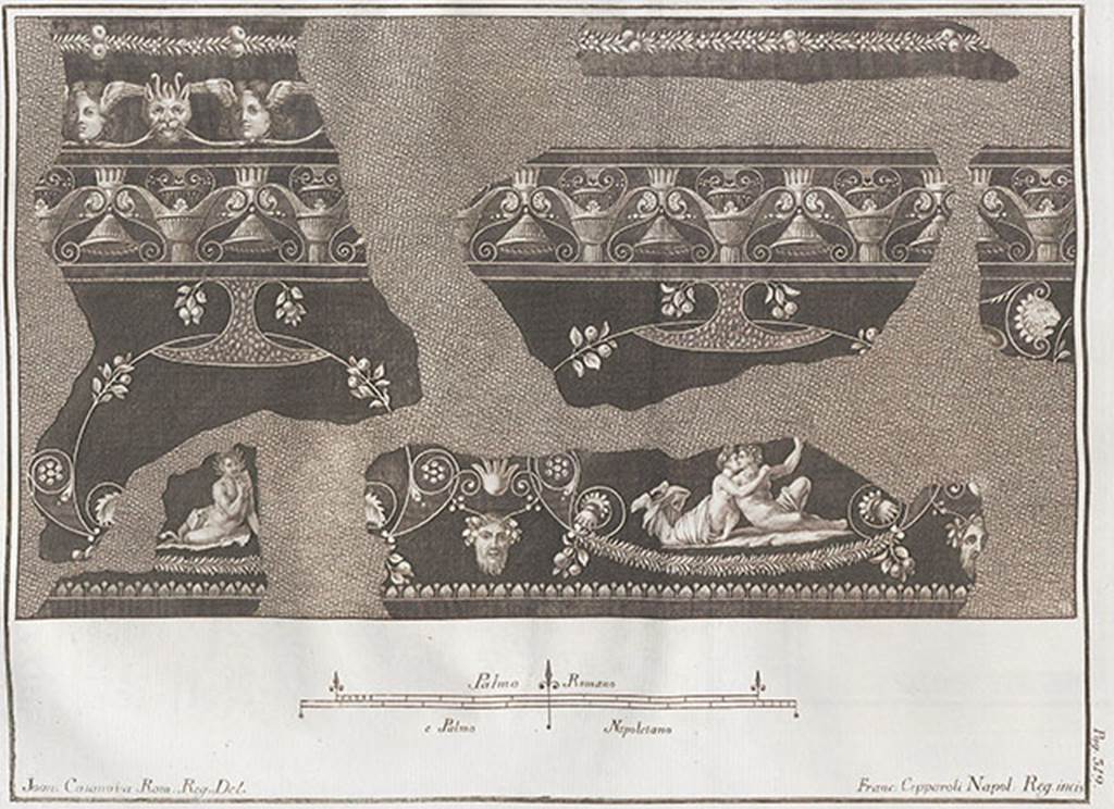 VI.17.10 Pompeii. Fragments of wall decoration.
See Antichità di Ercolano: Tomo Setto: Le Pitture 5, 1779, p. 317-8, table LXXI.
 “The Royal Museum had few other paintings that could compare in taste, in charm, and finishing with this fragment that was found in Civita.
The background of the strip above was red, the garland was green, interwoven with white flowers, and yellow and red fruit; the two masks have the flesh-colored face, blond hair, white wings; the larger mask was whitish with yellow horns; and the band, which closes this strip, also was also red with white lines.
The other strip that followed, had a red background also:  the bell jars are yellow: the colour of the other vases, which are of a more clear yellow, was green; all the ornaments, or scrolls, and the flowers are white; the band was green with white lines.
The background of the strip, which was below, was black; the background of ornaments or shields was red; the bacchettine, turning and dividing, were white, with white and yellow flowers, and also yellow fruit; and the garlands were green; the masks had flesh-colored faces, white beards, their heads adorned with green branches and white flowers. The Pan was charming, playing the pan-pipes, crowned with pine, and placed upon a white cloth. The two beautiful figures were delicately painted and expressed with great vividness, crowned by green branches with white flowers, the woman was half covered with a lacquer-colored cloth, while the Faun, recognized by the goats ears, with a light green colored cloth.”