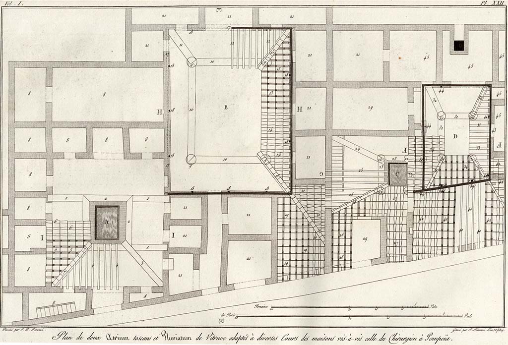 VI.17.10 and 9, Pompeii. Pre-1804. 
Drawing by Piranesi of –
plan of atrium area, on left, linked to corridor leading to courtyard and rooms of VI.17.9, in house opposite the House of the Surgeon.
See Piranesi, F, 1804. Antiquités de la Grande Grèce : Tome I. Paris : Piranesi and Le Blanc. Vol. I, pl. XXII.