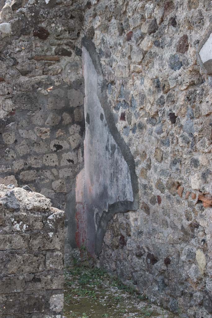VI.17.10 Pompeii. September 2021. 
Looking through doorway to cubiculum on south side of atrium, with remaining decoration in south-west corner. Photo courtesy of Klaus Heese.