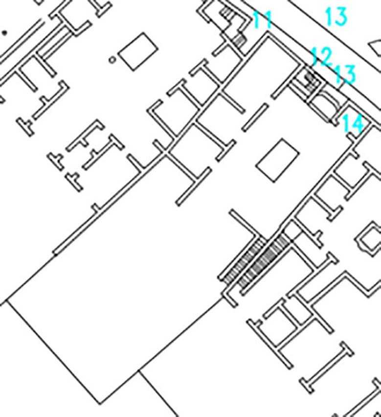 VI.17.12, 13 and 14 Pompeii. VI.17.13 is in the centre. 
Plan courtesy Dobbins, J. J. and Foss, P. W., 2008. The World of Pompeii. Oxford: Routledge, CDRom.
According to Fiorelli –
“VI.17.12-14. Un altra casa teneva sulla via una bottega, di cui sembra caduto il muro di fondo, un adito per la discesa nei sotterranei, e la porta d’ingresso preceduta da vestibolo, a sinistra del quale era un cubicolo. Altri tre cubicoli stavano sul destro lato dell’atrio, di cui essendo sprofondato il tablino, non rimane che una gradinata esistente nella vicina fauce.
See Fiorelli, G. (1875). Descrizione, (p.432-3)
See Pappalardo, U., 2001. La Descrizione di Pompei per Giuseppe Fiorelli (1875). Napoli: Massa Editore. (p.159)
(translation -
"VI.17.12-14. Another house which had a shop on the roadway, of which it seemed the rear wall had fallen, a room to descend to lower floors, and the entrance doorway preceded by a vestibule, to the left of which was a cubiculum. Another three cubicula were on the right hand side of the atrium, the tablinum having collapsed, nothing remained other than a stair existing in the nearby corridor.) 
According to Eschebach, Fiorelli’s description may have been imperfect, “shop does not exist”.
See Eschebach, L., 1993. Gebäudeverzeichnis und Stadtplan der antiken Stadt Pompeji. Köln: Böhlau. (p.235)