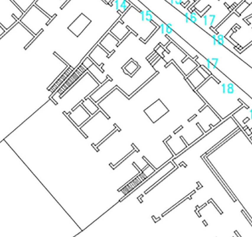 VI.17.15 shop, 16, 17, combined plan. Plan courtesy of Dobbins, J. J. and Foss, P. W., 2008. The World of Pompeii. Oxford: Routledge (CDRom).
According to Fiorelli –
VI.17.15-18 – “Due case unite costituivano forse l’abitazione di una sola famiglia.  Esse avevano due ingressi separati sulla strada e due botteghe, stando in relazione tra loro per gli atrii, entrambi tuscanici, e ciascuno con tre cubicoli da un solo lato.
La prima inoltre no.16, teneva accanto allo ingresso la cucina, poco piu innanza la gradinata che la metteva in communicazione con la casa seguente, e nel fondo il triclinio, una seconda scalinata, e due oeci.
La seconda, casa no.17, che sembra la piu nobile, conteneva le ali, il tablino, due fauci, ed un’altra gradinata di discesa. 
L’edificio poi era terminato nel piano piu alto con un loggiato, che ora era distrutto.
In uno dei pilastri che fronteggiano la strada leggevasi:
M . CERRINIVM
AED . SALINIENSIS
               ROG                          ”)
See Fiorelli, G. (1875). Descrizione, (p.433)
See Pappalardo, U., 2001. La Descrizione di Pompei per Giuseppe Fiorelli (1875). Napoli: Massa Editore. (p.159)
(translation –
"Two united houses constituting perhaps the dwelling of a single family. They had two separate entrances on the roadway and two shops, linked to the atriums, both atriums were Tuscanic, and each with three cubicula only on one side.
The first No. 16, had the kitchen near to the entrance doorway, nearby were the the steps linking with the next house, and at the rear was the triclinium, a second stairway, and two oeci.
The second, house No. 17, which seemed the most noble, contained ala, the tablinum, two corridors, and another steps leading down. 
The building was finished on the highest floor with a loggia, which was now destroyed. 
In one of the pillars that fronted onto the roadway, the following could have been read -
M . CERRINIVM
AED . SALINIENSIS
               ROG                           ”)