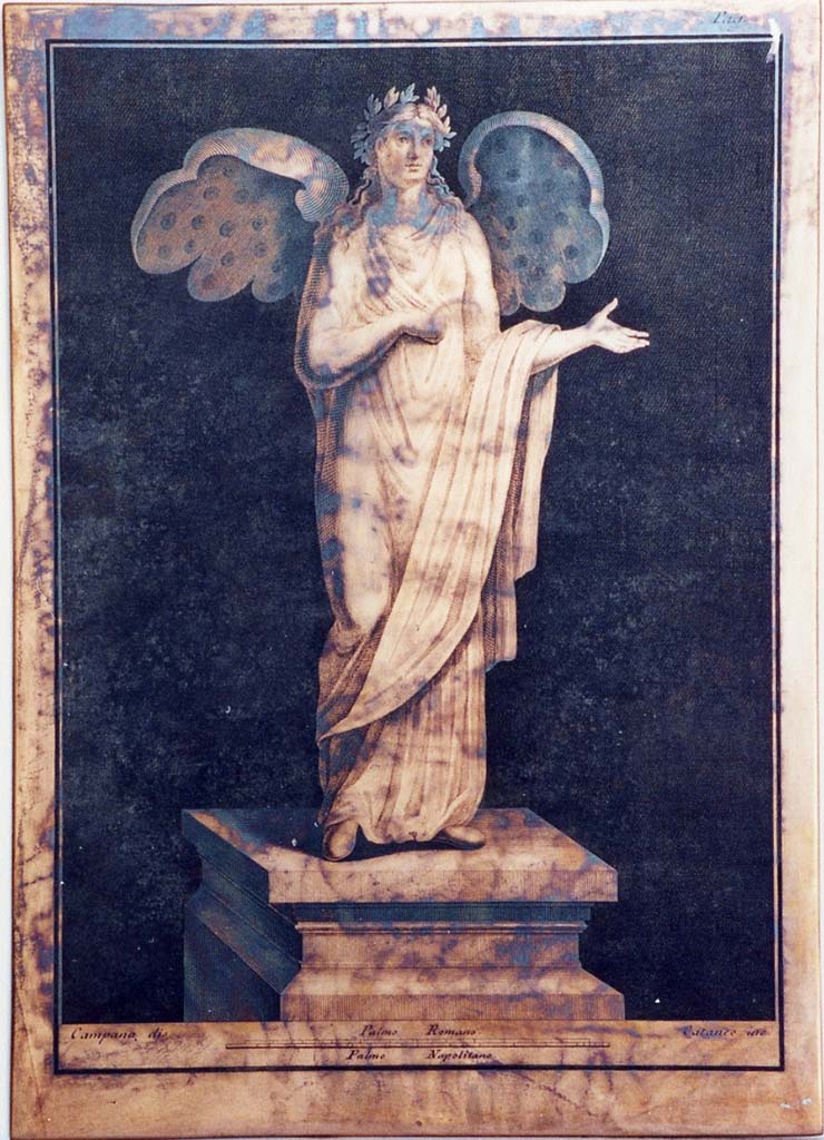 VI.17.25 Pompeii. Winged female figure with arm and hand outstretched on pedestal. Drawing by Vincenzo Campana engraving by Aniello Cataneo.
Now in Naples Archaeological Museum. Inventory number 350946.
Photo © ICCD. http://www.catalogo.beniculturali.it
Utilizzabili alle condizioni della licenza Attribuzione - Non commerciale - Condividi allo stesso modo 2.5 Italia (CC BY-NC-SA 2.5 IT)
The ICCD image is of a copper plate and has here been reversed to show the painting as it would have been on the wall and in print.
See Pagano, M. and Prisciandaro, R., 2006. Studio sulle provenienze degli oggetti rinvenuti negli scavi borbonici del regno di Napoli. Naples: Nicola Longobardi, p.77 and Rami Inediti 382.
See PAH, 1, 1, 305, copy above.