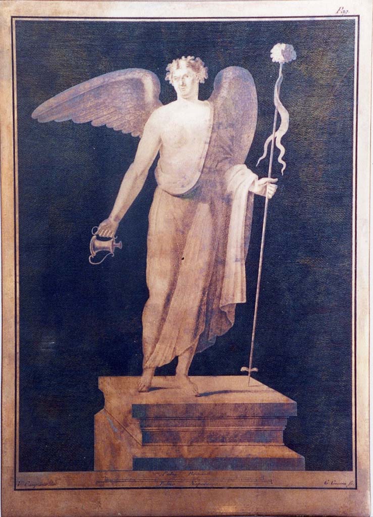 VI.17.25 Pompeii. Winged female figure with cup and thyrsus on pedestal. Drawing by Vincenzo Campana engraving by Giuseppe Guerra.
Now in Naples Archaeological Museum. Inventory number 350949. 
Photo © ICCD. http://www.catalogo.beniculturali.it
Utilizzabili alle condizioni della licenza Attribuzione - Non commerciale - Condividi allo stesso modo 2.5 Italia (CC BY-NC-SA 2.5 IT)
The ICCD image is of a copper plate and has here been reversed to show the painting as it would have been on the wall and in print.
See Pagano, M. and Prisciandaro, R., 2006. Studio sulle provenienze degli oggetti rinvenuti negli scavi borbonici del regno di Napoli. Naples: Nicola Longobardi, p.77 and Rami Inediti 383.
See PAH, 1, 1, 305, copy above.