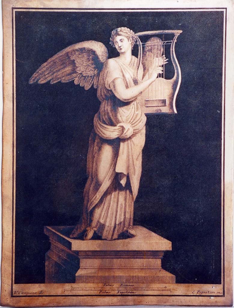 VI.17.25 Pompeii. Winged female figure playing harp on pedestal. Drawing by Vincenzo Campana engraving by Carmine Pignataro.
Now in Naples Archaeological Museum. Inventory number 350952.
Photo © ICCD. http://www.catalogo.beniculturali.it
Utilizzabili alle condizioni della licenza Attribuzione - Non commerciale - Condividi allo stesso modo 2.5 Italia (CC BY-NC-SA 2.5 IT)
The ICCD image is of a copper plate and has here been reversed to show the painting as it would have been on the wall and in print.
See Pagano, M. and Prisciandaro, R., 2006. Studio sulle provenienze degli oggetti rinvenuti negli scavi borbonici del regno di Napoli. Naples: Nicola Longobardi, p.77 and Rami Inediti 384.
See PAH, 1, 1, 305, copy above.