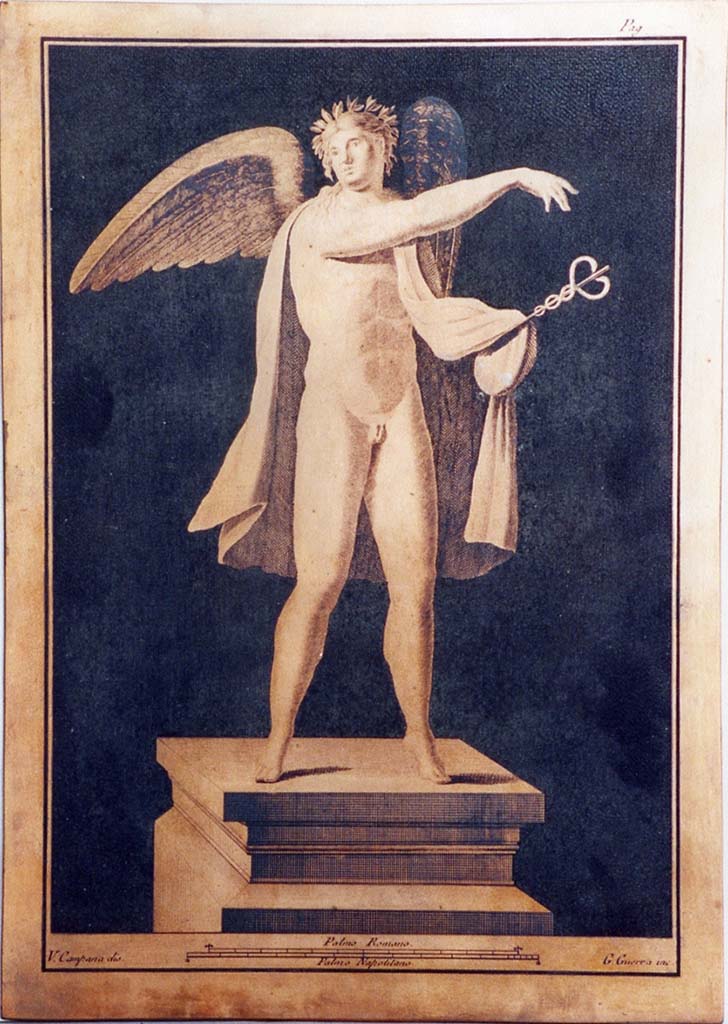 VI.17.25 Pompeii. Winged male figure with caduceus on pedestal. Drawing by Vincenzo Campana engraving by Giuseppe Guerra.
Now in Naples Archaeological Museum. Inventory number 350957.
Photo © ICCD. http://www.catalogo.beniculturali.it
Utilizzabili alle condizioni della licenza Attribuzione - Non commerciale - Condividi allo stesso modo 2.5 Italia (CC BY-NC-SA 2.5 IT)
The ICCD image is of a copper plate and has here been reversed to show the painting as it would have been on the wall and in print.
See Pagano, M. and Prisciandaro, R., 2006. Studio sulle provenienze degli oggetti rinvenuti negli scavi borbonici del regno di Napoli. Naples: Nicola Longobardi, p.77 and Rami Inediti 385.
See PAH, 1, 1, 305, copy above.