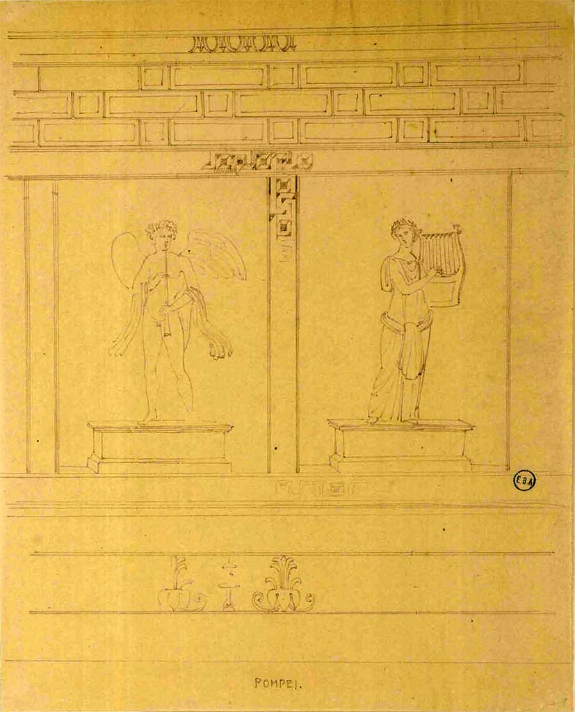 VI.17.15-18 Pompeii. 
Sketch of wall with two figures in underground area, the male playing a horn and the female playing the harp.
See Lesueur, Jean-Baptiste Ciceron. Voyage en Italie de Jean-Baptiste Ciceron Lesueur (1794-1883), pl. 21.
See Book on INHA reference INHA NUM PC 15469 (04)  « Licence Ouverte / Open Licence » Etalab