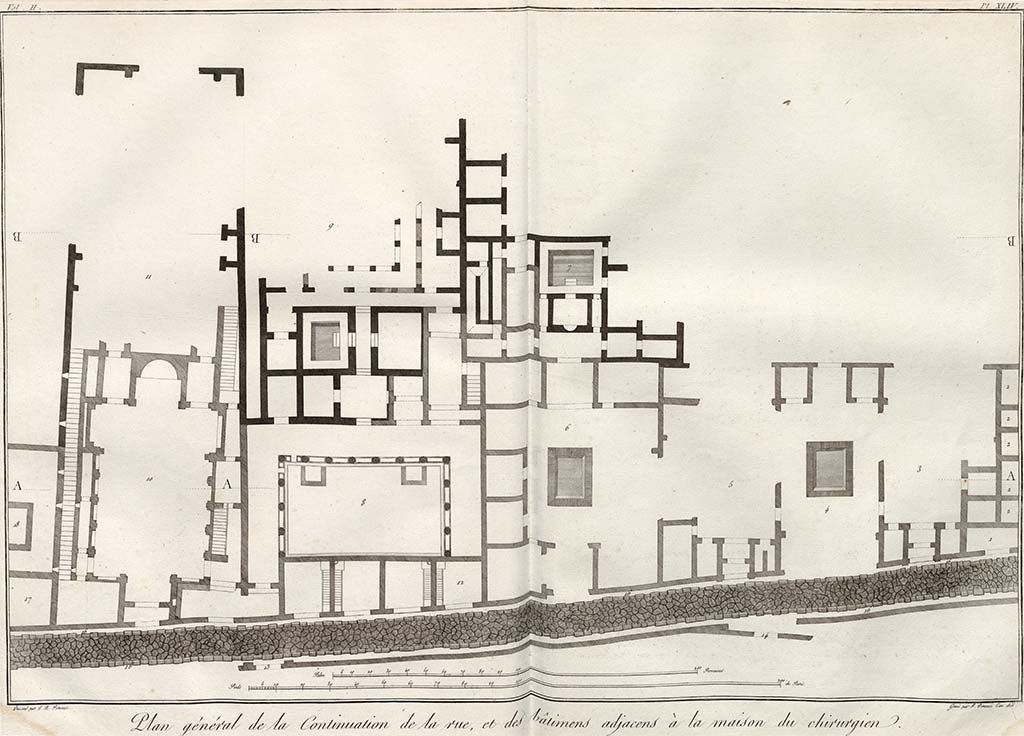 According to Piranesi, this plan shows:
“Plan général de la continuation de la rue, et des bâtimens adjacens a la maison du chirurgien.”
See Piranesi, F, 1804. Antiquités de la Grande Grèce : Tome II. Paris : Piranesi and Le Blanc, pl. XLIV.
Translating as –
“General plan of the continuation of the street, and the buildings adjacent to the Surgeon's house”. 
(The House of the Surgeon in relation to the plan above would be situated to the north (right) of these buildings, on the opposite side of the roadway to the letter A, (on right of plan).
The entrance to atrium at VI.17.13 is marked 3. This joined with atrium 3, 5 and 6 would show the House of the Three Atriums.
Atrium 4 does not seem to exist in reality but may be showing the atrium marked 3 in the wrong location and should be superimposed above 3.
The entrance to atrium 5 must be VI.17.16.
The entrance to atrium 6 must be VI.17.17.
On the left of the plan are the entrances at VI.17.25, and 24, leading to the street-level peristyle by VI.17.23. 
VI.17.25 seems to be described as a “Basilica”, presumably as it was found with no rooms at the sides of the atrium.
In one of his plans, he shows columns on either side of the centre of the atrium, as would be seen in a Basilica, as seen at VIII.1.1.
The lower No.13 would appear to be VI.2.4.
The lower No.14 would appear to be VI.2.7.