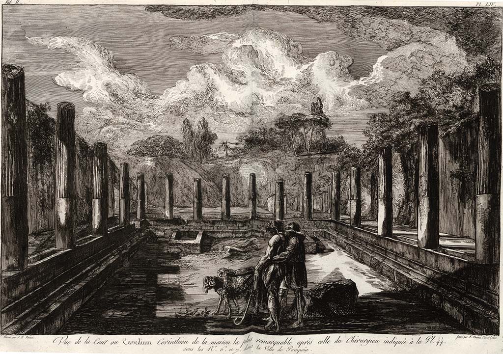VI.17.23 Pompeii. c.1805. Drawing by Piranesi. Looking west across peristyle at street level.
According to Jashemski, above, this peristyle would have had a portico supported by 14 columns and 2 engaged columns.
See Piranesi, F, 1804. Antiquités de la Grande Grèce : Tome II. Paris : Piranesi and Le Blanc, (Vol. II, Pl. LIV).