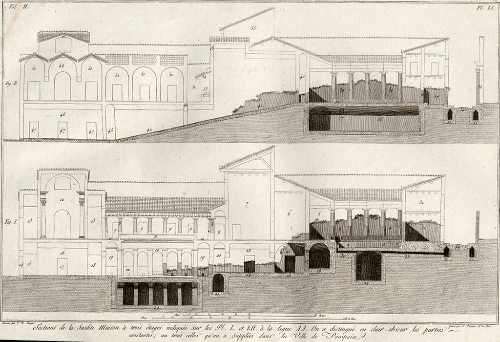 VI.17.25/23 Pompeii. Cross section of house showing the three levels. 
See Piranesi, F, 1804. Antiquites de la Grande Grèce: Tome II. Paris: Piranesi and Le Blanc, tav LI.