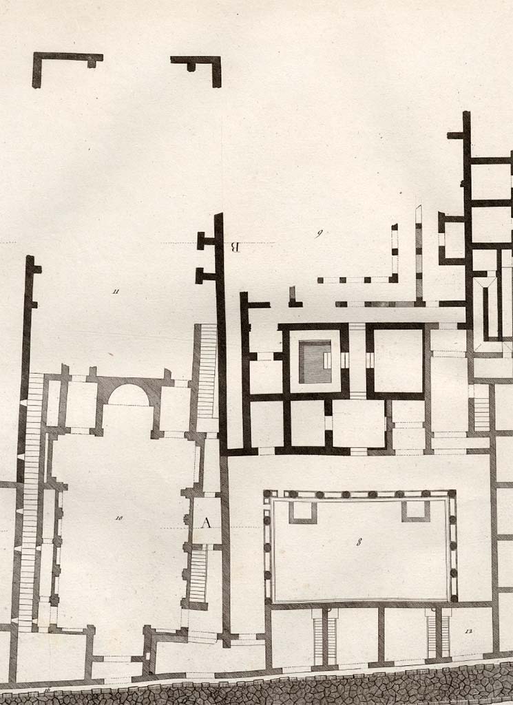 VI.17.26, on lower left, 25, 24, 23, 22, 21, 20 and 19, on lower right Pompeii. c.1804.
Detail from plan, entitled “General plan of the continuation of the road, and the buildings adjacent (opposite) to the House of the Surgeon. 
(Note: this house is usually described as being “opposite the House of Acteon”.)
See Piranesi, F, 1804. Antiquités de la Grande Grèce : Tome II. Paris : Piranesi and Le Blanc, (Vol. II, Pl. XLIV).