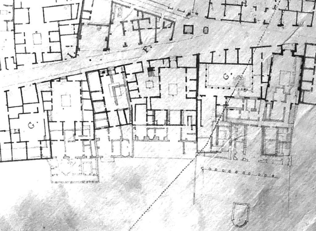 VI.17.9, on left with letter G, then 10, followed by 13, 16-17, and 23-25, on right.
Part of a plan by Francesco La Vega, c.1800-1810. Now in Naples Museum.
DAIR 76.1262. Photo © Deutsches Archäologisches Institut, Abteilung Rom, Arkiv.