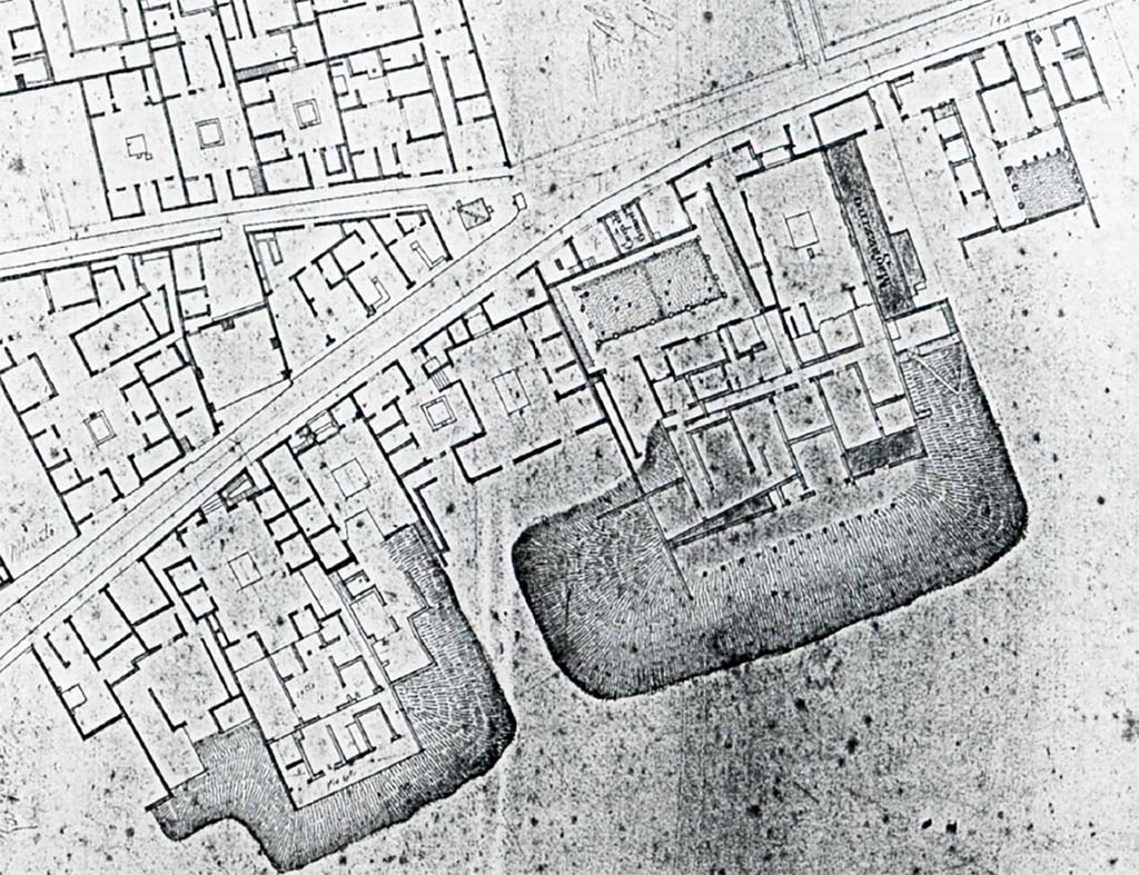 VI.17.9-27 Pompeii. Detail from 1827 plan by Ing. del. R: Officio Topografico, Gaspare Marchesi.
Now in the Istituto Geografico Militare, Corpo di Stato Maggiore, Sezione di Napoli, Cartella 82.24.
See Kockel V. 2005. Un capitolo dimenticato della cartografia di Pompei Gaspare Marchesi e il Reale Officio Topografico di Napoli: Rivista di Studi Pompeiana 16, pp. 11-36.
