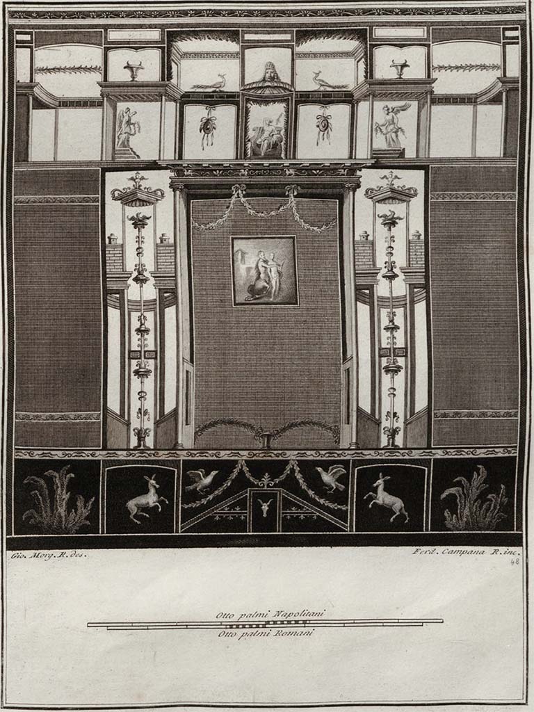 Fresco of a wall showing a painting in the centre of Chiron playing his lyre to Achilles, the wall decorated with arabesques, figures and several animals.
See Gli ornati delle pareti ed i pavimenti delle stanze dell'antica Pompei incisi in rame: 1838, no. 48. 
Also in Gli Ornati, 1808, pt.2
Also in Gli Ornati, 1796, pt.1
VI.17.25? Pompeii.
According to Pagano and Prisciandaro, this painting was found 15th September 1764, with 12 other paintings in “Podere di Irace”.
See Pagano, M. and Prisciandaro, R., 2006. Studio sulle provenienze degli oggetti rinvenuti negli scavi borbonici del regno di Napoli. Naples: Nicola Longobardi. (p.48), with reference to PAH, I, 1, 161-2.
According to PAH,
“un quadro che rappresenta un centauro in atto di suonare la lira, ed avanti a questo un fanciullo, il campo era d’aria. Si fatto dipinto era molto simile a quello pubblicato dagli Accademici Ercolanesi nel vol.1 delle pitture, rappresentante Chirone ed Achille, benché molto inferiore a quello nel merito, oltre all’essere molto patita: si riconobbe questa pittura essere stata trasportata da altro luogo, e posta sul muro dove era stata trovata, dall’unione che vi si osserva intorno.”
(Trans: "A painting representing a centaur in the act of playing the lyre, and in front of him a young person, the background was in the open air.  This painting was very similar to that published by the Herculaneum Academics in vol.1 of the paintings, representing Chiron and Achilles, although much inferior to that in merit, in addition to it having suffered: it was recognized that this painting had been transported from another place, and placed on the wall where it had been found, from the join that is observed around it."
See Fiorelli G., 1860. Pompeianarum antiquitatum historia, Vol. 1: 1748 - 1818, Naples, Pars Prima, p.161-2.
(Note: this may or may not be from this house, perhaps from VI.17.32-36? or even from the area of the Temple of Isis or a nearby house. 
See painting by Raoul Rochette, below.)
Although attributed by various sources to VI.17.25, the House of the Lion, or paintings from “Podere di Irace”, it should be pointed out that digging was taking place in various points in the city at the same time, so we have included them here and VI.17.32-36, and also in VI.17.00 under the Irace paintings, but with no specific provenance/location.)