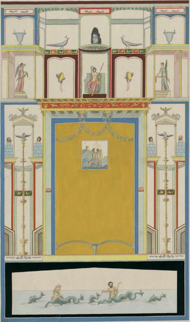 VI.17.25 Pompeii?  C.1824?
This painting by Raoul Rochette is very similar to the above, but may even be from the Temple of Isis, or a nearby room. 
See Fiorelli G., 1860. Pompeianarum antiquitatum historia, Vol. 1: 1748 - 1818, Naples, Pars Prima, p. 190 dated 19th July 1766.
According to Pagano and Prisciandaro, a painting was found 19th July 1766 –
3.“L’intonaco più grande dell’altro stanzino era diviso egualmente da due compartimenti: nel mezzo dell’inferiore, attorniato da una leggiera architettura e da alcuni ramoscelli, vi era un quadro di circa 1 pal. e ½ con un Chirone, che insegna a suonare la lira ad Achille, il quale non differisce dal già pubblicato nel I volume delle Antichità di Ercolano.
4. Nel mezzo del compartimento superiore vi era un giovane, che credo un bacco, nudo dalla mezza vita in sopra, coronato di palme, che tiene con la sinistra un tirso, il destro braccio lo appoggia sopra la testa, e sta assiso in un nobile sedile o letto con spalliera. Questa figura viene compresa da un’architettura, sopra la di cui cornice vi era una maschera, 
5. dai lati vi sono due donne alate, una che porta una canestra di fiore ed un festone, e l’altra, che porta una palma ed un festone 
(NAP 9204, AdE VII, 17, 79); il restante del compartimento era tutto in campo bianco, viene coronato da architetture grottesche e da ramoscelli e festoni, e da alcuni piccioli riquadri con paesini, e vi sono sospesi de’ nastri, de’ corni, de’ cembali, a de’ canestri.
(trans:
3."The larger stucco of the other room was divided equally by two compartments: in the middle of the lower, surrounded by a light architecture and some leaves/twigs, there was a picture of about 1 pal. and 1/2 with Chiron teaching Achilles to play the lyre, which does not differ from that already published in the first volume of the Antiquities of Herculaneum.
4. In the middle of the upper compartment there was a young man, who I believe to be Bacchus, naked from the middle waist upwards, crowned with palms, holding a thyrsus with his left hand, his right arm resting on his head, and sitting in a noble seat or bed with a back. This figure is included in an architecture, above whose frame there was a mask, 
5. at the sides there are two winged women, one carrying a basket of flowers and a garland, and the other, carrying a palm tree and a garland (NAP 9204, AdE VII, 17, 79); the rest of the compartment was all on a white background, crowned with grotesque architectures and leaves/twigs and garlands, and with some small panels of landscapes, and there are ribbons, horns, cymbals and baskets suspended.)
See Pagano, M. and Prisciandaro, R., 2006. Studio sulle provenienze degli oggetti rinvenuti negli scavi borbonici del regno di Napoli. Naples: Nicola Longobardi. (p.57), with reference to PAH, I, 1, 190.