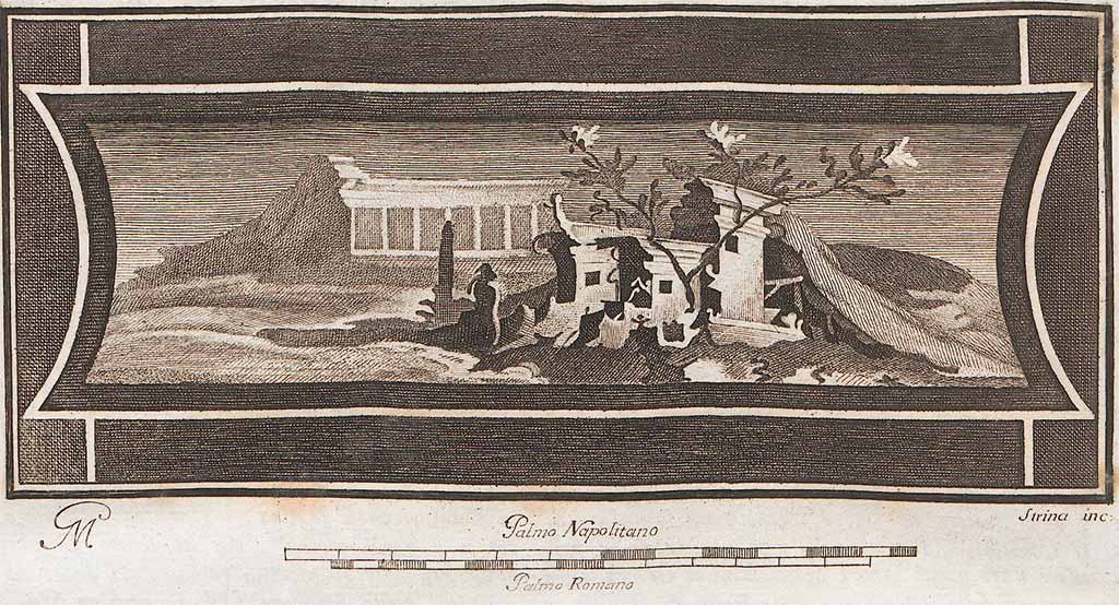 VI.17.25 Pompeii?  Found on 29th September 1764 along with 14 other pictures in the Masseria di Don Giacomo Irace.
Wall painting of country scene.
See Antichità di Ercolano: Tomo Setto: Le Pitture 5, 1779, p. 13.