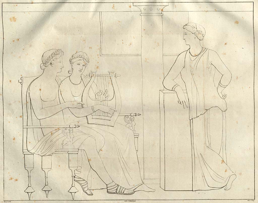 VI.17.19-26 Pompeii. Pre-1828. Drawing by Zahn, and described by him as –
Plate 70. Three people; one playing the lyre;………. 
This painting was first, when I drew it, in the Portici Museum; but it has belonged to the King of France for the past 3 years.
See Zahn, W., 1828. Die schönsten Ornamente und merkwürdigsten Gemälde aus Pompeji, Herkulanum und Stabiae: I. Berlin: Reimer, Taf. 70.