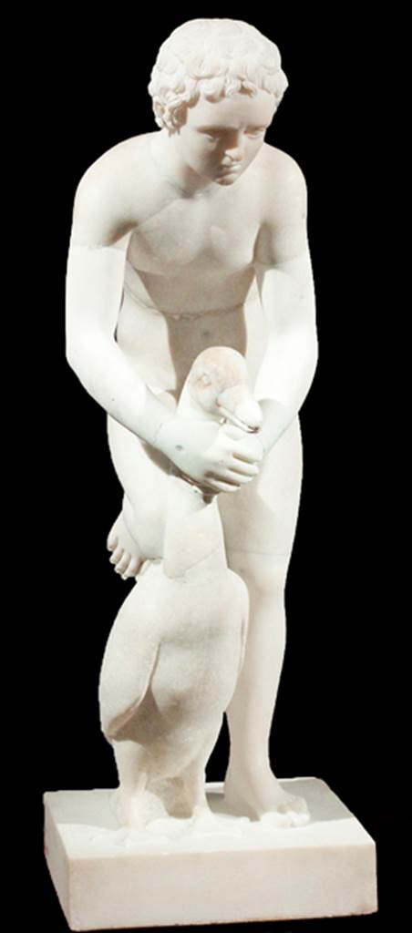 VI.17.23 Pompeii. Second peristyle. Marble fountain statuette of a boy with a goose.
Now in Naples Archaeological Museum.  Inventory number 6111.
The marble fountain statuette of a boy with a goose reported as being from this house would have been a garden decoration.
See Jashemski, W. F., 1993. The Gardens of Pompeii, Volume II: Appendices. New York: Caratzas. (p.165, and plan)
See SAP no.26, Carrella, A; D’Acunto, L.A; Inserra, N and Serpe, C. (2008). Marmorea Pompeiana nel Museo Archeologico Nazionale di Napoli, p.101-102, and B37.
See Fiorelli, G. (1860): Pompeianarum Antiquitatum Historia, Vol 1, 1748-1818, (extracts from 1778, below)