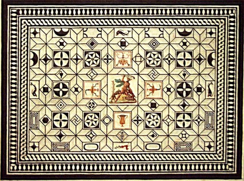 VI.17.25 (or perhaps VI.17.36 Pompeii – both known as House of Polybius). c. 1800-1824. Painting of Actaeon Mosaic by F. Morelli. 
According to Niccolini, this was one of the most beautiful mosaics found at Pompeii.
Rather than worked in mosaic, this floor would be said to be exquisitely painted, so great was the symmetry and equality of its details; and although it doesn't offer more than a geometric design, still it does not have the coldness, but has all the warmth of a composition.
In the square in the middle, we see Actaeon turned into a deer, being attacked by the dogs of Diana.
See Niccolini F, 1890. Le case ed i monumenti di Pompei: Volume Terzo. Napoli, L’Arte in Pompei, tav. XIII.
According to Sampaolo, 
“Probabilemente poco tempo dopo lo scavo Morelli esegui il disegno del mosaico rinvenuto in una stanza “alquanto diroccata” della grande casa denominata “di Polibio” da un iscrizione elettorale. ............... Come tutto il resto delle abitazione disposte a schiera sulla mura occidentali, messe in luce nel periodo murattiano,anche questa casa fu risepolta e non risulta che ne sia stato distaccato l’emblema.”
(translation:-
Probably a short time after the excavation, Morelli made the drawing of the mosaic found in a room “somewhat ruined” of the large House, called “of Polybius” because of an electoral inscription. …………………………..
Like all the rest of the houses arranged in a row on the western walls, brought to light during the period of Murat, this house was also reburied, and it is not apparent that the emblema had been detached.”
See Sampaolo, V. In Carratelli, G., 2003. Pompei: la documentazione nell’opera di disegnatori e pittori dei secoli XVIII eXIX.  (Roma: Treccani), (p.98)
As Sampaolo is Italian, presumably living in Italy, with all the knowledge and records at her disposal, we bow to her superior and local knowledge, and have included this Morelli mosaic in both VI.17.25, and also VI.17.36.  It is a pity that these beautiful houses on the western escarpment cannot be further investigated, rescued and restored.