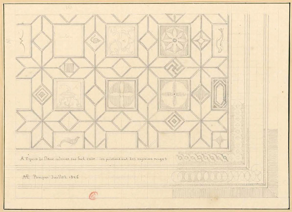 VI.17.25 or VI.17.36, Pompeii. July 1826. Sketch by P.A. Poirot of part of the Acteon mosaic
See Poirot, P. A., 1826. Carnets de dessins de Pierre-Achille Poirot. Tome 2 : Pompeia, pl. 77.
See Book on INHA  Document placé sous « Licence Ouverte / Open Licence » Etalab